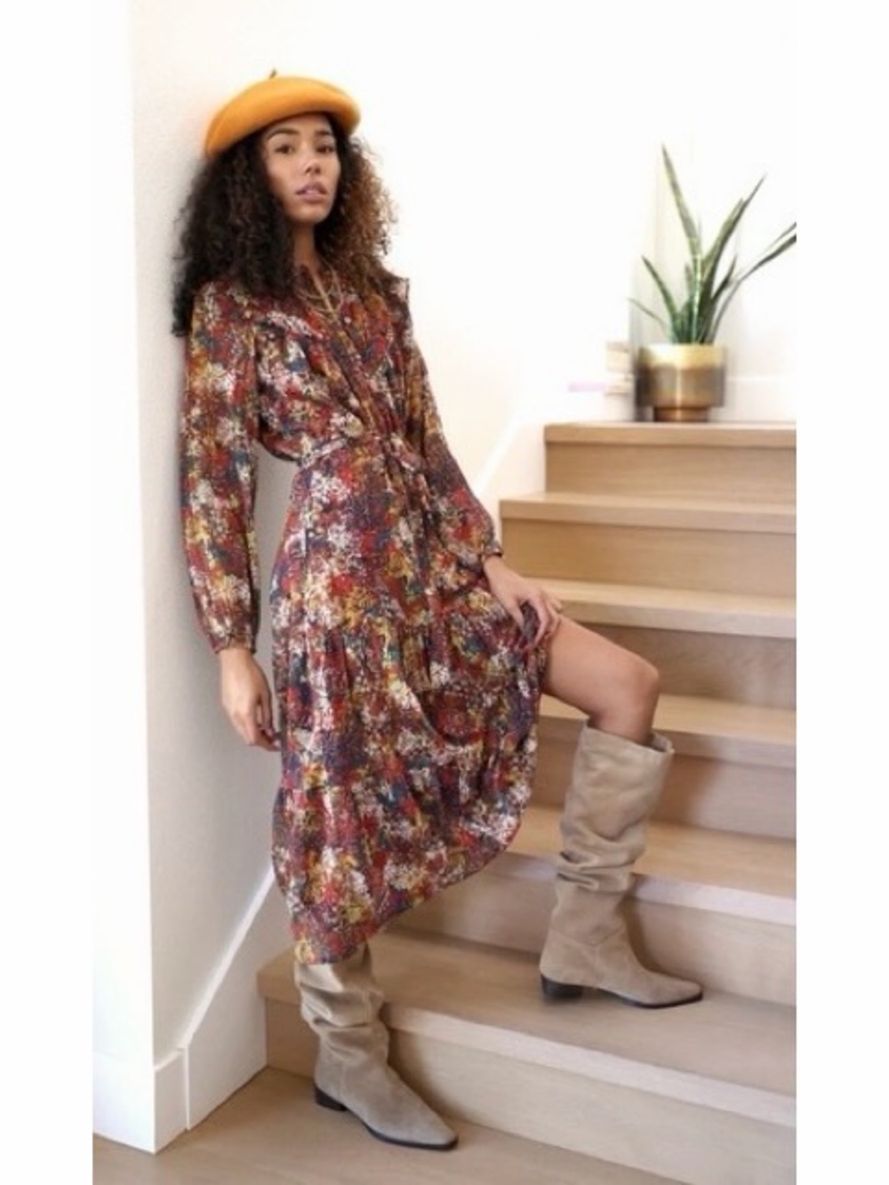 Greylin‎ Printed Ruffle Chiffon Belted Midi Dress Womens Size XS
